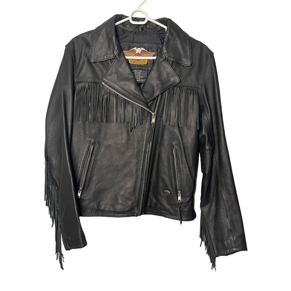 Vintage Harley Davidson Genuine Leather Black Motorcycle Jacket Fringe Sz M